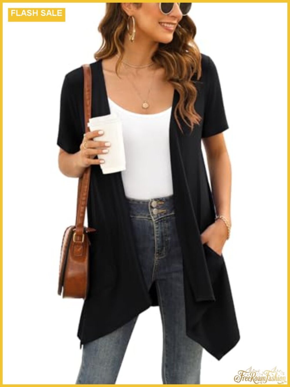 Women's Short Sleeve Open Front Cardigan with Pockets High Low Hem